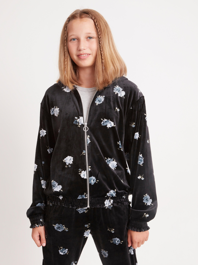 Hoodie i velour med dragkedja