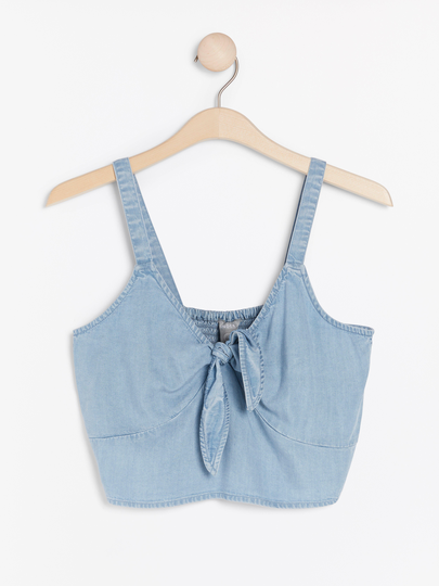 Kort jeansblus i lyocell med knytdetalj