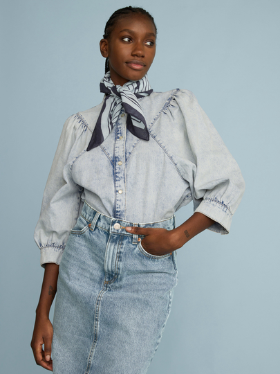 Denimblus med puffärm